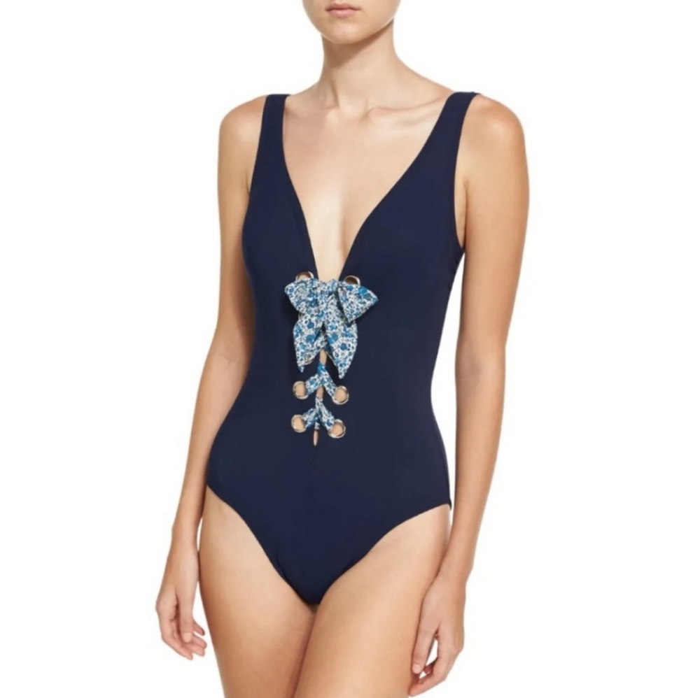 Karla Colletto OS Navy Blue One Piece Swimsuit Laced Coquette Bow Elegant Floral